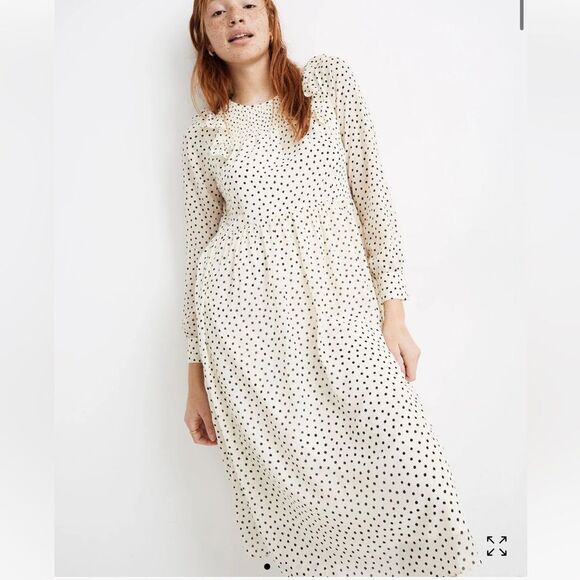 Madewell Smocked Ruffle-Shoulder Midi Dress in Inkbrush Dots Size S - Picture 1 of 10
